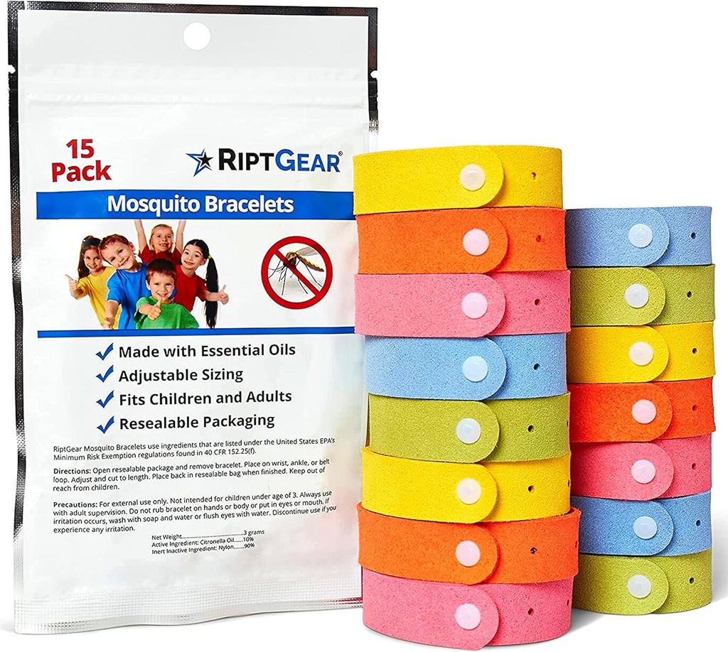 Bracelets de Mosquito RiptGear - 15 Packs de Bracelets de Mosquito pour Enfants et Adultes, Bracelet Insecte, Bracelet Citronella - DEET Free Bracelets de Mosquito, Accessoires de Camping
