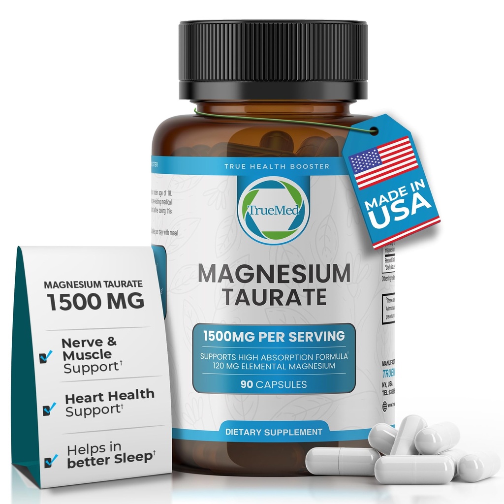 Natural Magnesium Taurate 1500mg – Magnesium Taurate Supplement for Heart Health, Sleep Relaxation, Blood Pressure Balance & Energy Boost with High Absorption - Made in USA, 60 Capsules