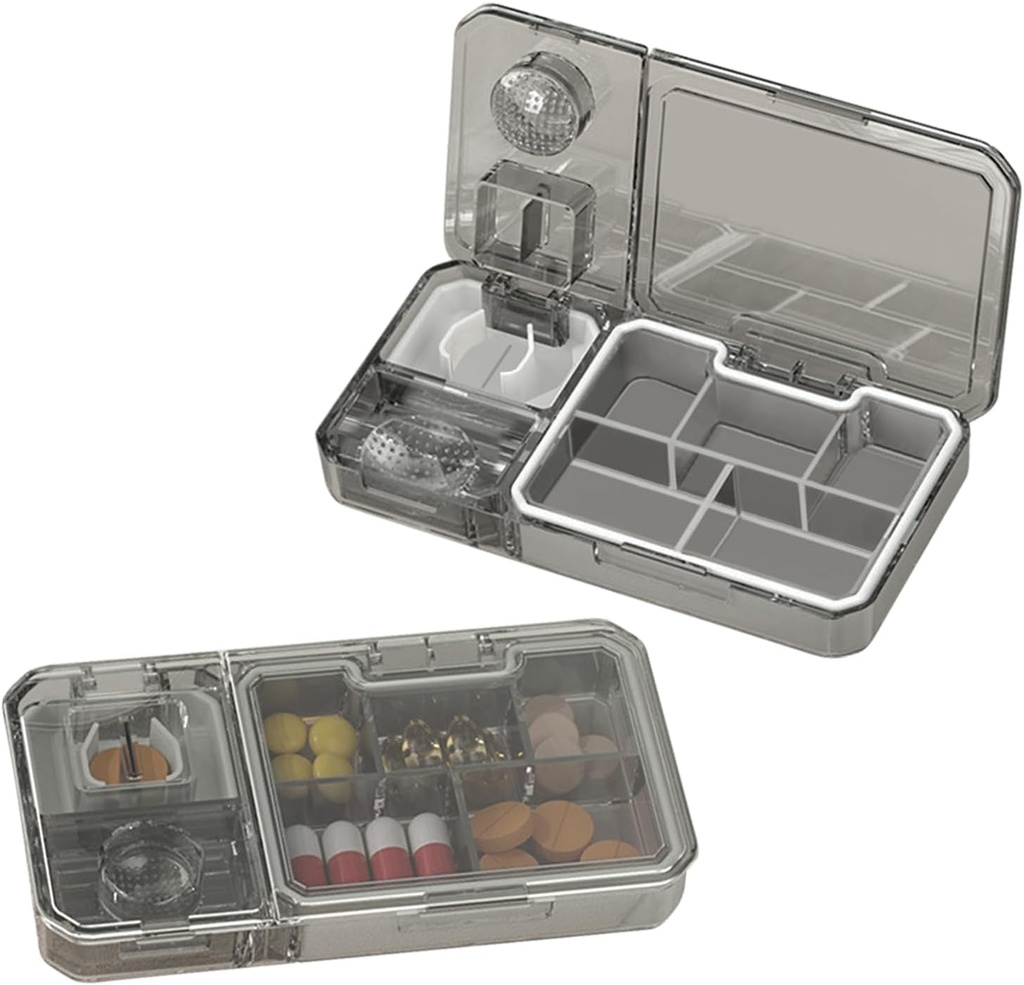 Boîte à pilules quotidienne avec découpe et broyage, Organisateur de boîtes à pilules pour adolescents, BPA sans coque étanche à l'humidité, boîte de stockage de médicaments pour les vitamines, médicaments, comprimés et suppléments (Grey)