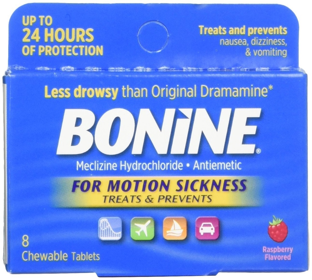 Bonine pour le mouvement Maladie Comprimés à croquer, Aromatisés aux framboises, 8 Chacun