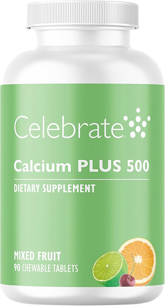 Célébrez les vitamines Calcium Plus - 500 mg Citrate de calcium, 333 UI Vitamine D3 et 34 mg Magnésium pour la chirurgie bariatrique - Sans gluten et sans sucre - Fruits mélangés, 90 comprimés à croquer