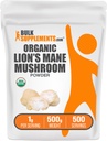 BulkSupplements.com Poudre de champignons bio Lions Mane - Poudre de champignons Lions, Supplément de champignons - Vegan & Gluten Free, 1g par portion, 500g (1,1 lb) (paquet de 1)
