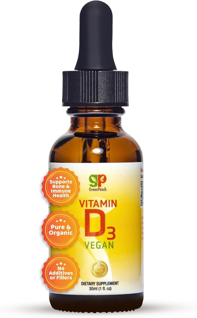 GreenPeach Liquid Vegan Vitamine D biologique 400 à 1600 UI - D3 gouttes pour les enfants, les bébés et les nourrissons, Vitamine D gouttes pour bébés, naturel, 60 portions