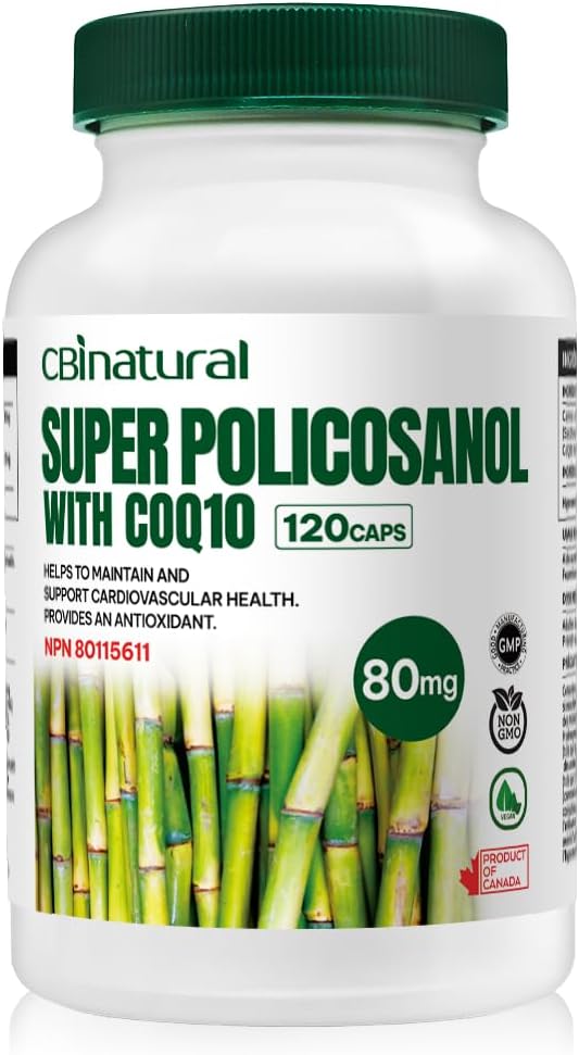 Super Policosanol de canne à sucre 80 mg avec CoQ10 30 mg, 120 capsules végétales, soutien du coeur et du cholestérol, alimentation de 4 mois, non-OGM, sans gluten