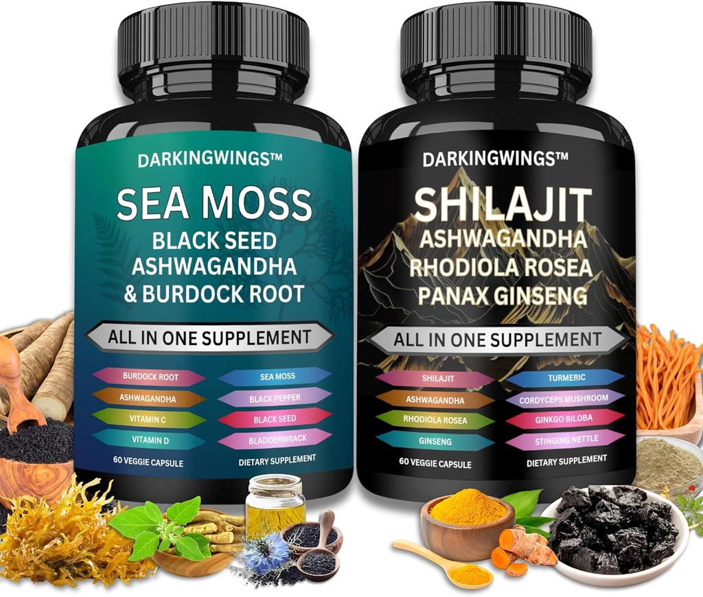 Shilajit et la mousse de mer combo -Sea Moss 3000mg, Black Seed Oil 2000mg, Ashwagandha 2000mg, Shilajit 9000mg, Rhodiola Rosea1000mg,Panax Ginseng1500mg.