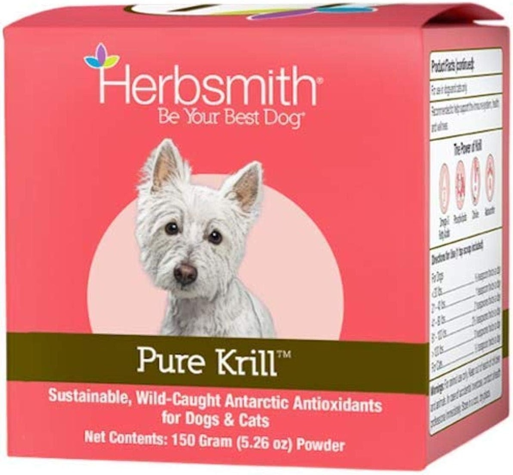 Herbsmith Pure Krill - Wild-Caught Antarctique Krill - Juste 1 ingrédient - Astaxanthine pour chiens - Omega 3 prêt à l'emploi – Alternative à l'huile de krill pour chiens - 150g
