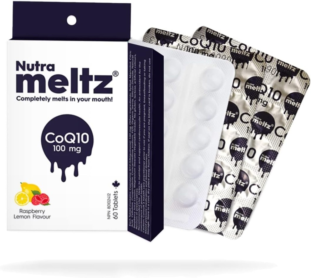 Nutra fondez CoQ10 100 mg – Coenzyme Q10 soutient la santé cardiaque, améliore la production d'énergie Comprimés à dissolution rapide pour le déficit enzymatique – Framboise et citron (60 comprimés)