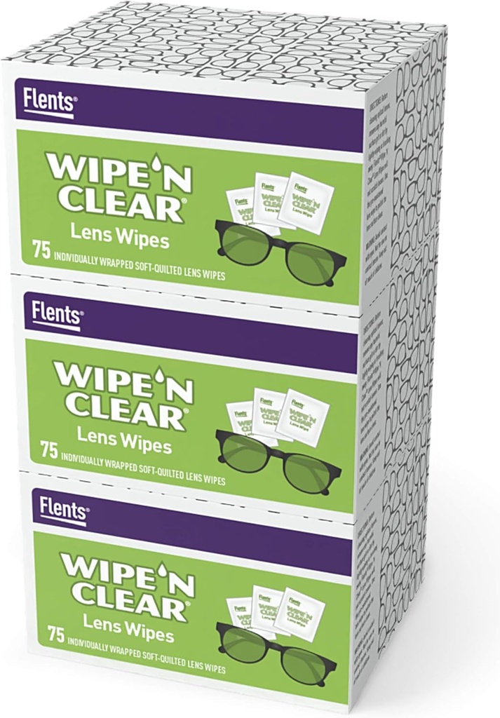 Nettoyant de lunettes Flents Wipes de lentilles - 225 Compte (3 boîtes de 75) Habillages de nettoyage pré-humidifiés individuels pour lunettes, lunettes de soleil, écrans de téléphone, moniteurs informatiques