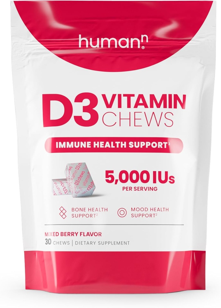 Vitamine humaine D3 Chews - Vitamine haute puissance D 5000iu (125mcg) aide à soutenir l'humeur saine, l'immunité, la santé respiratoire et la santé des os, mélange de berry flavor, 30-Count