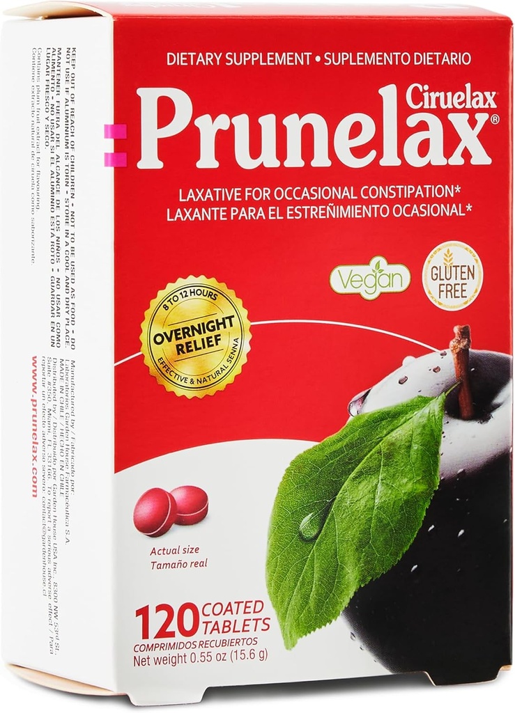 Prunelax Ciruelax Regular Strength Laxative Mini Comprimés - Relief de nuit pour Constipation occasionnelle, Extrait de Senna, Vegan & sans gluten, Relief doux - 120ct