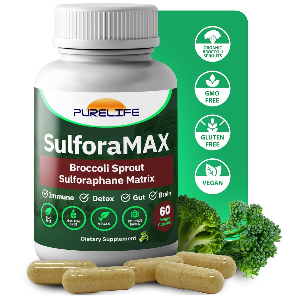 SulforaMAX (60 gélules) - Supplément d'immunité de Sulforaphe Brocoli - Soutien immunitaire, coeur, foie, santé du cerveau - Végétarien, végétalien, non-OGM, 10 000 MCG Sulforaphe