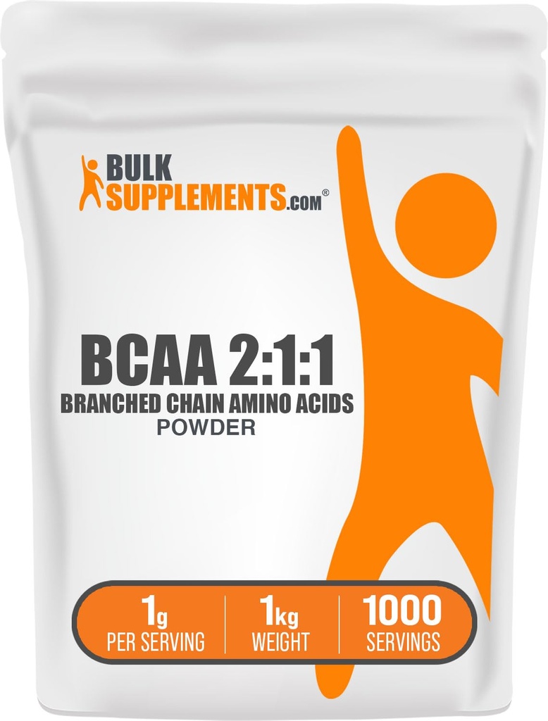 BulkSupplements.com BCAA 2:1:1 Poudre - Acides aminés à chaîne ramifiée, BCAAs Acides aminés Poudre - Sans aromatisants et sans gluten, 1g par portion, 1kg (paquet de 5) (11 lbs)