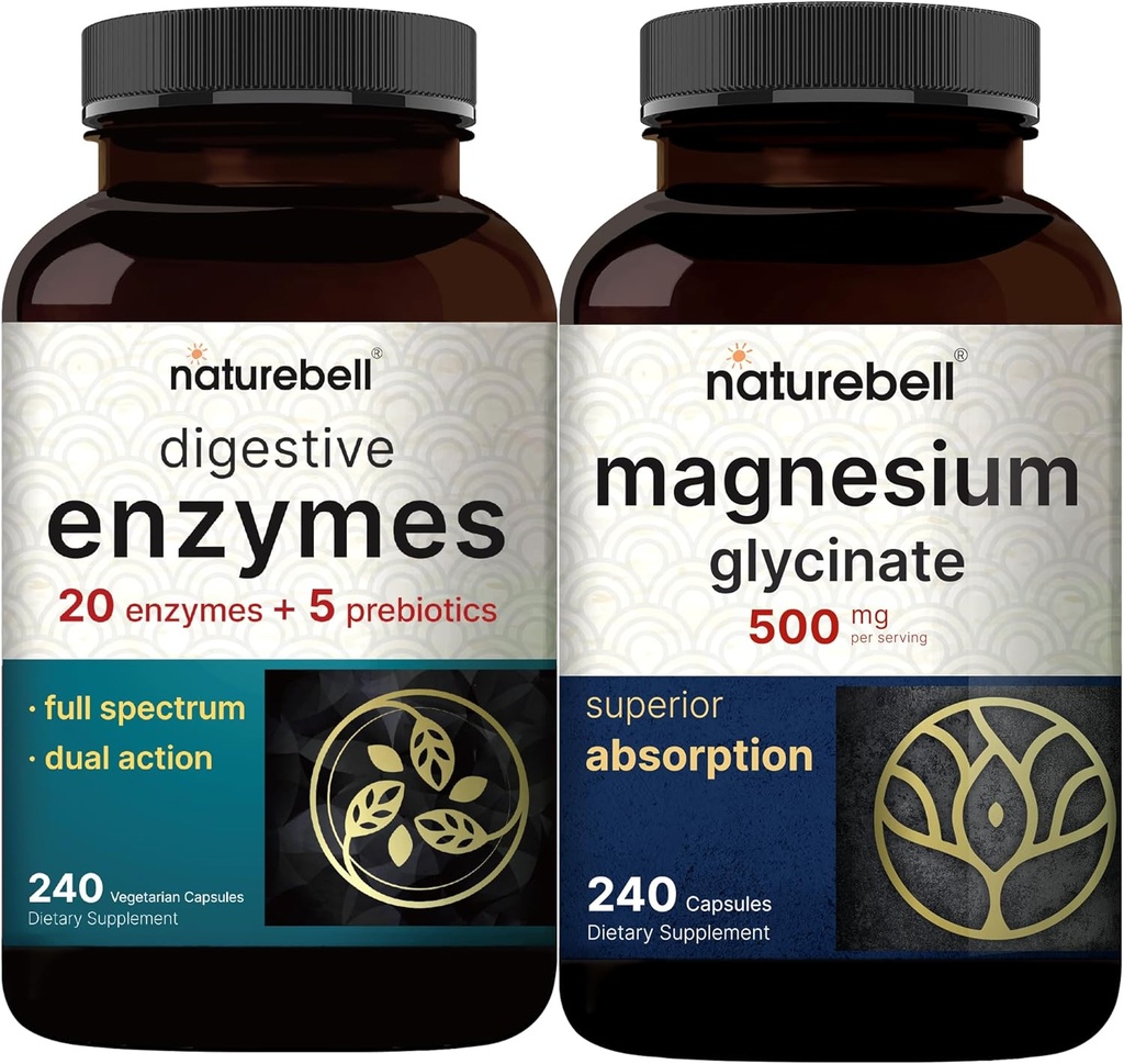 Magnésium Glycinat Capsules 500mg, 240 Nombre - 100% Chélaté et Purifié.Enzymes digestifs avec Prébiotiques, 240 Capsules de Véggie - 20 Enzyme et 5 Complexe Pancréatique Prébiotique