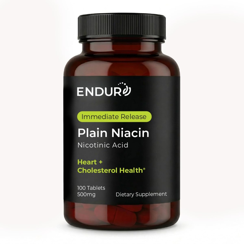 Endur Plain Niacine (acide nicotinique), Santé du coeur et supplément d'équilibre du cholestérol sain, formule de libération immédiate, sans gluten, 500mg (100 comprimés)