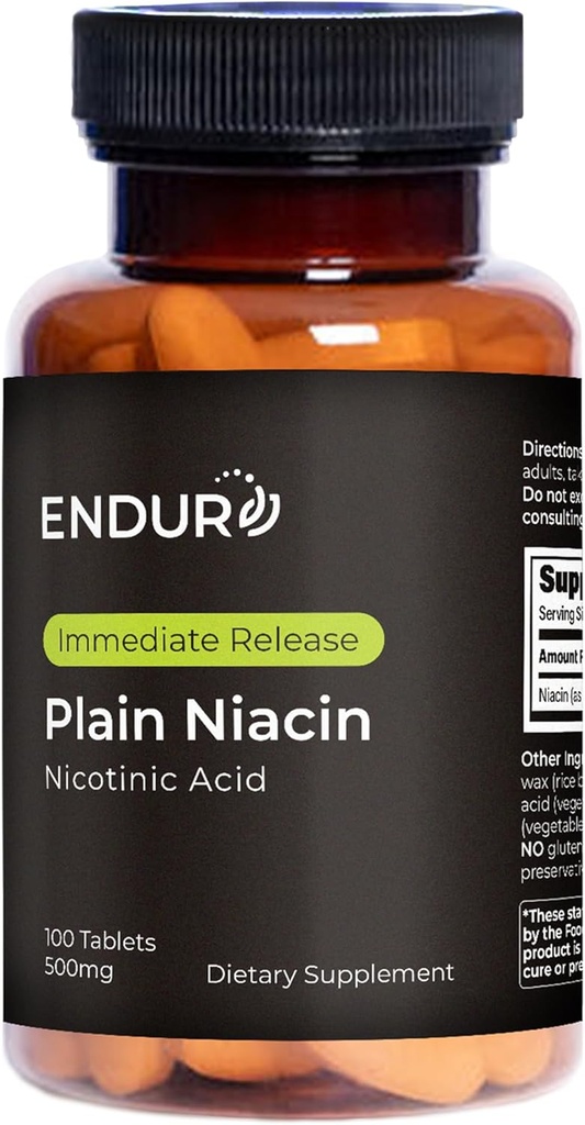 Endur Plain Niacine (acide nicotinique), Supplément santé cardiaque et équilibre du cholestérol sain, formule de libération immédiate, sans gluten, 500mg (100 comprimés)
