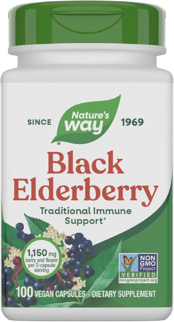 Nature's Way Black Elderberry Capsules, soutien immunitaire traditionnel* Supplément avec Elderberry et Elderflower, une plante alimentée, 100 capsules (paquetage May Vary)