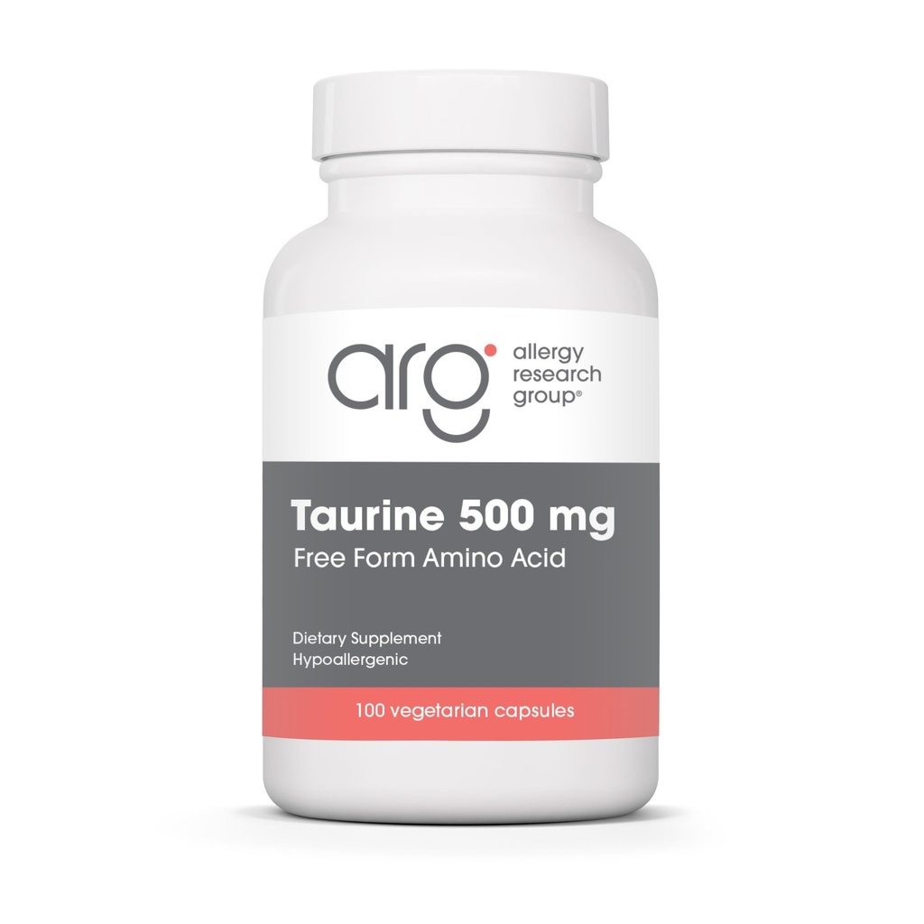 Groupe de recherche sur l'allergie Supplément Taurine 500mg - Soutien cardiovasculaire, Acid Amino de forme libre, Capsules pures, organiques et végétariennes - 100 Nombre