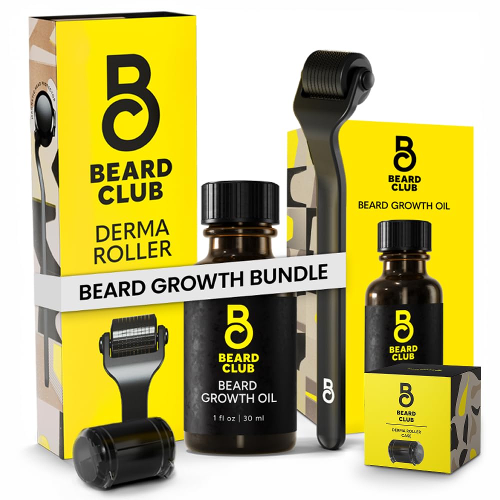 Bard Club Premium Derma Roller & Beard Growth Oil - Microneedling Roller avec 540 Microneedles Titanium pour visage, corps et scalp - Bard Roller avec Sandalwood & Cedar Beard Oil