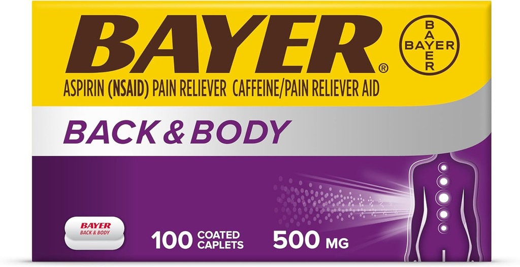 Bayer Back & Body Extra Strength Aspirine, comprimés enrobés de 500mg, soulagement rapide au site de la douleur, soulagement de la douleur avec 32,5mg de caféine, 100 Compte