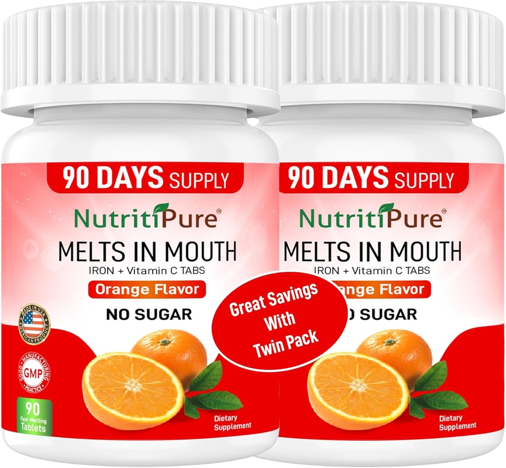 Supplément de fer à croquer pour les femmes/hommes 18 mg de fer carbonyle avec vitamine C 30 mg de comprimé dans l'arôme orange 90 Compte (2)