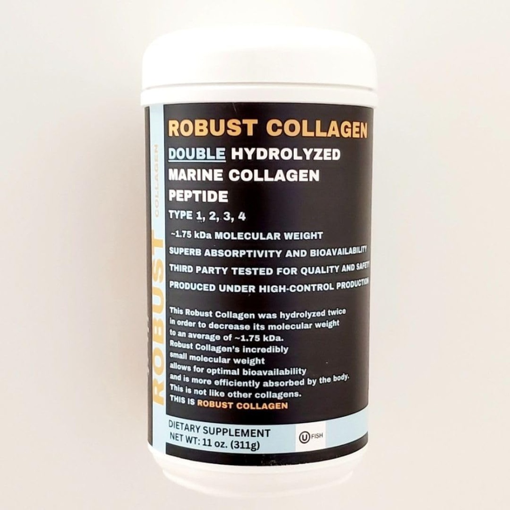 Collagène Robuste Double Peptide de Collagène Marine Hydrolysé. Type 1, 2, 3 et 4. Extra faible poids moléculaire pour la biodisponibilité et l'absorption. Certificat Kosher (OU)