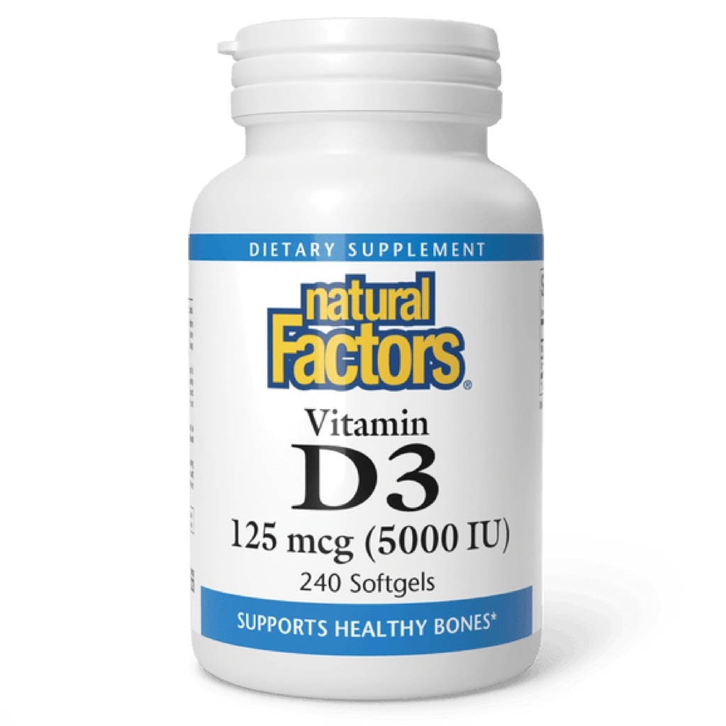 Facteurs naturels, vitamine D3, 5 000 UI, soutient la santé articulaire, osseuse et immunitaire, 240 Nombre (paquet de 1)