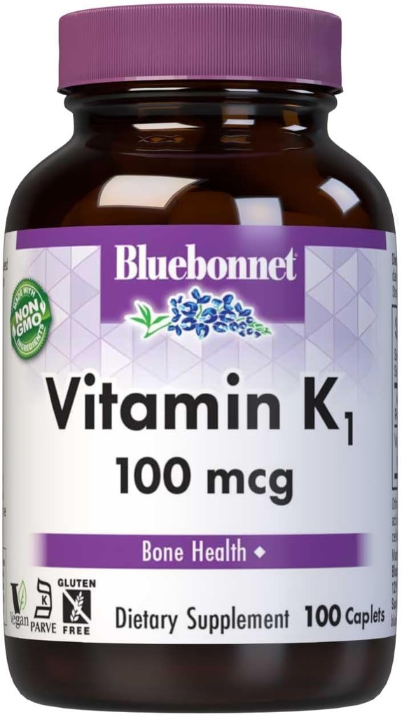 Bluebonnet Vitamine K1 100 mcg soutient la santé des os - Supplément en vitamine K cristalline Phylloquinone - Non-OGM, certifié Casher, sans gluten, sans lait - 100 capsules végétaliennes