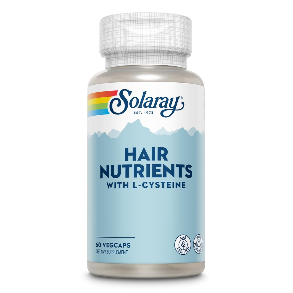 SOLARAY Nutriments capillaires avec L-Cysteine - Vitamines capillaires avec Biotine pour le soutien de la croissance des cheveux - Peau de cheveux et ongles Vitamines pour les femmes et les hommes - Vérifié en laboratoire, garantie de 60 jours - 30 portions, 60 VegCaps