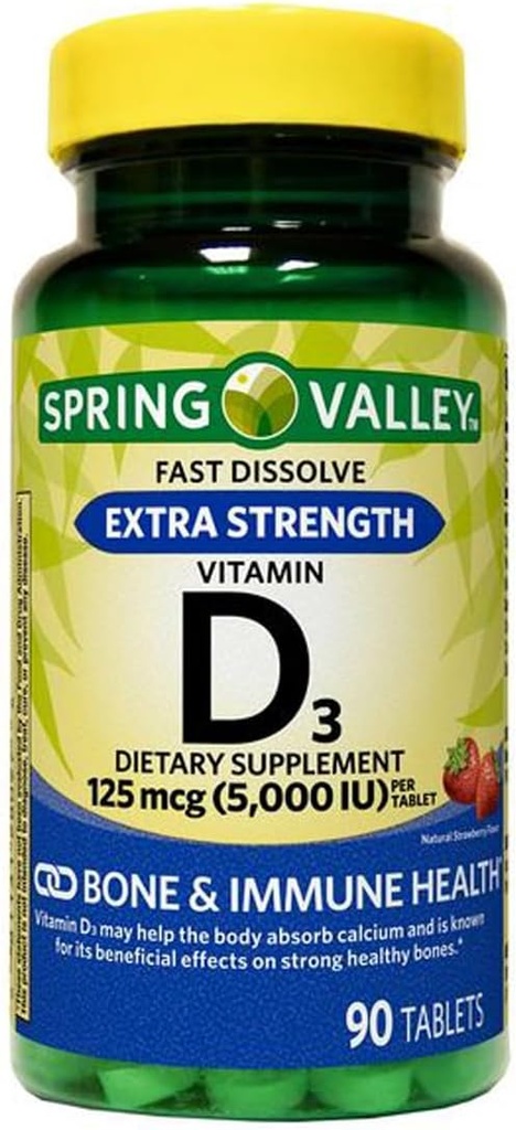 Vitamine D3 Comprimés à dissolution rapide Supplément alimentaire, 125 Mg (5 000 UI), goût de fraise, 90