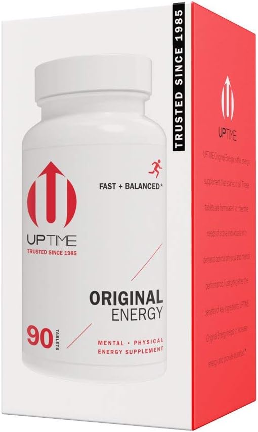 Énergie originale UPTIME, 90 comprimés d'énergie, 200mg par portion, fait avec de la caféine naturelle, vitamine C, CoQ10, Calcium, Ginkgo Biloba, Ginseng & L-Carnitine, Zero Calories, 66mg caféine par comprimé