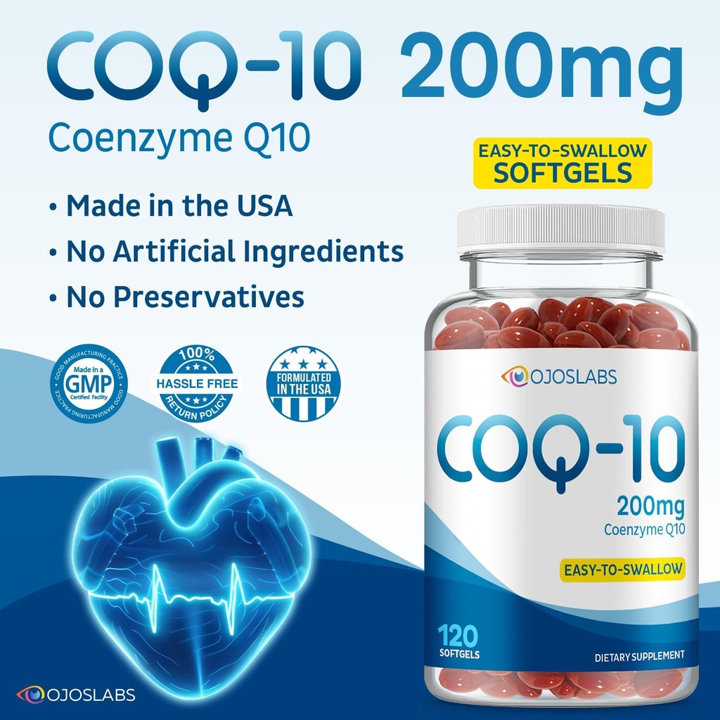CoQ10 200mg - Coenzyme Q10 complément alimentaire, facile à avaler 120 Softgels