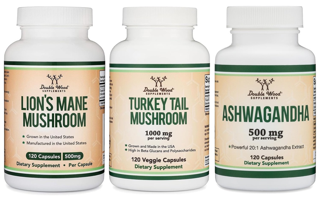 Double Wood Complements Lion Mane Mushroom 120 Comte, Turquie Tail 120 Comte, Ashwagandha 120 Comte