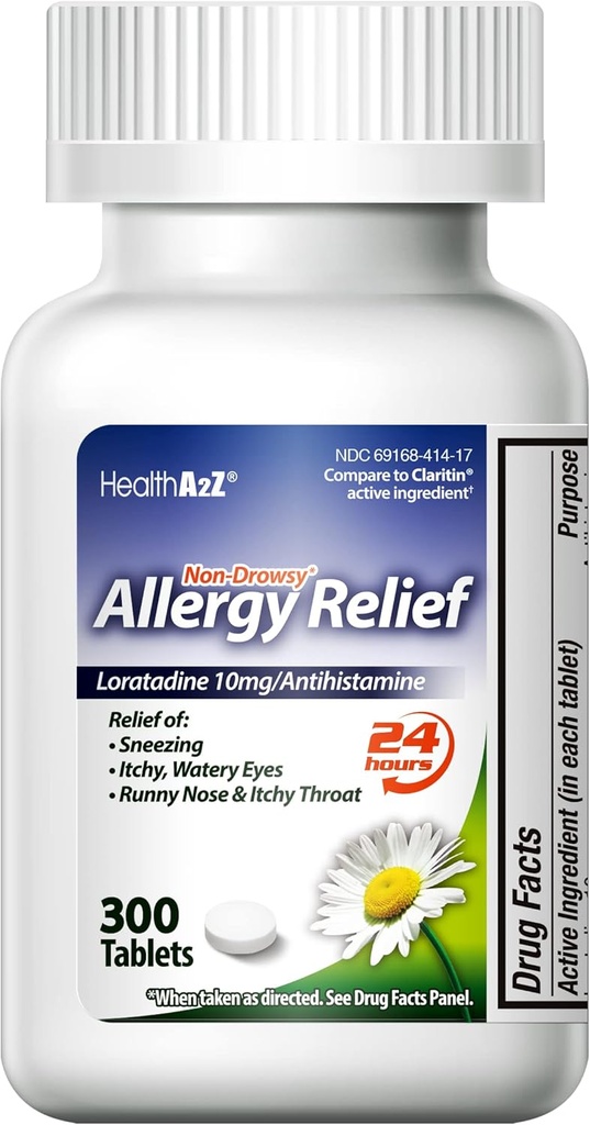 HealthA2Z® Allergy Relief - Loratadine 10mg - Antihistaminique Relief from Itchy Throat, Éternuement, Runny Noses - 24 heures Médecine de l'allergie (300 comprimés)