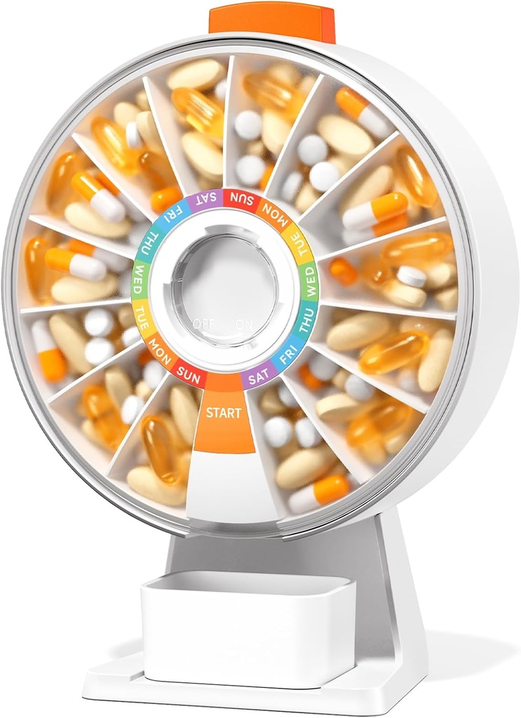 Zoksi Large Fun Pill Dsipenser, Pill Box quotidien pour 7 ou 14 jours, Wall-Mountable ou Tabletop Weekly Pill Organizer Hold pour la médecine, la vitamine ou les suppléments, Pill Case avec bouton presse facile (blanc)