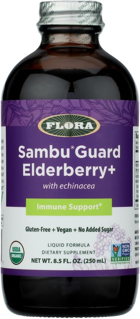 Flora Bio Black Elderberry Sirop + 8,5 oz - Immune Booster avec Echinacea, pour les enfants et les adultes, Pas de sucre ajouté, sans gluten, végétalien, SambuGuard