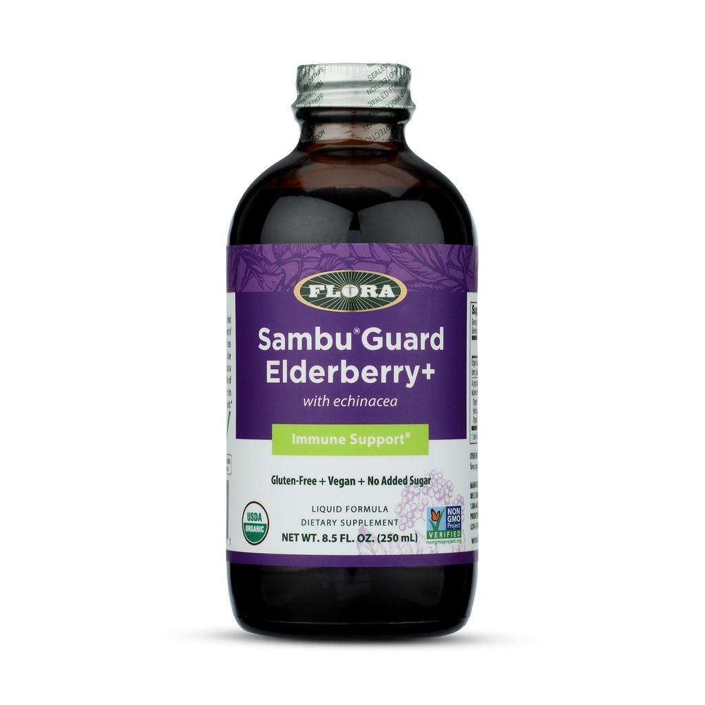 Flora Bio Black Elderberry Sirop + 8,5 oz - Immune Booster avec Echinacea, pour les enfants et les adultes, Pas de sucre ajouté, sans gluten, végétalien, SambuGuard
