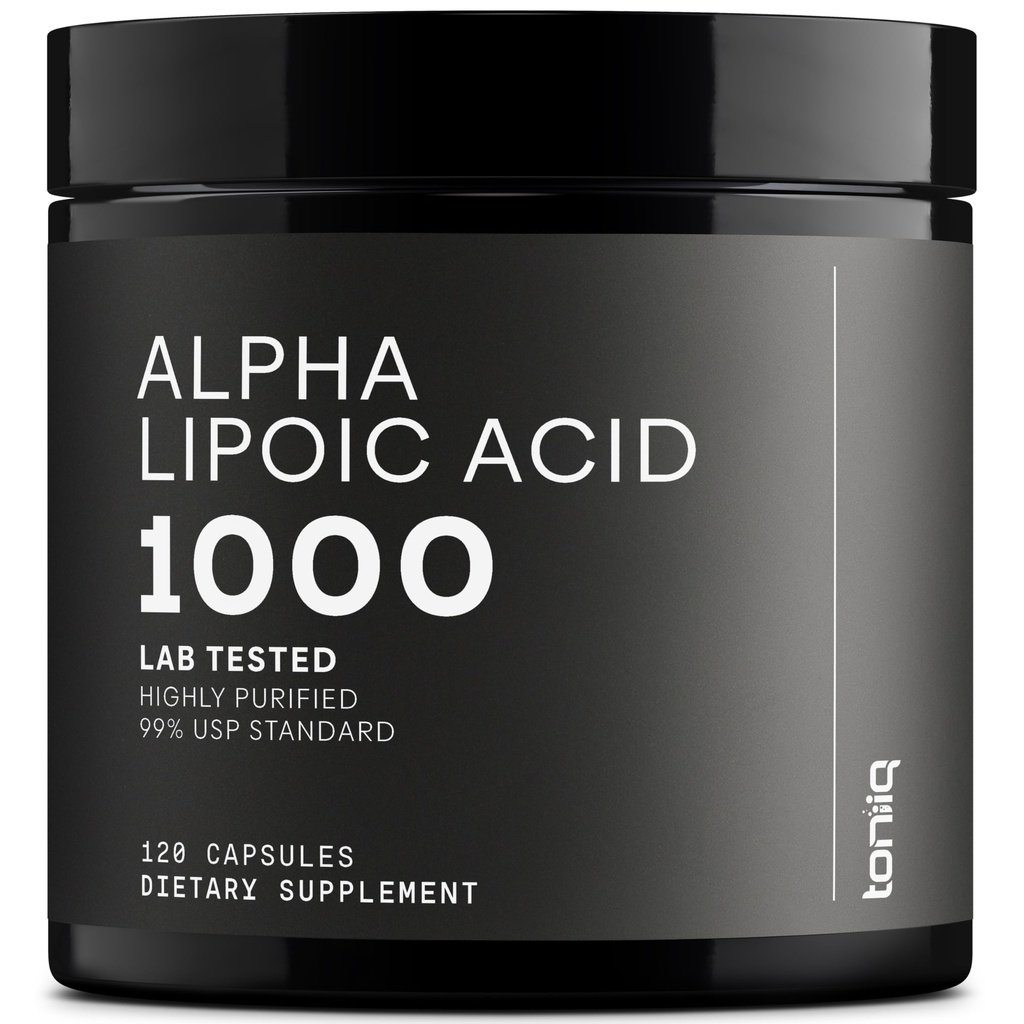 Toniiq 1000mg Capsules d'acide alpha lipoïque ultra-haute résistance - Très purifiée 99%+ USP Standard - 120 Capsules ALA Supplément