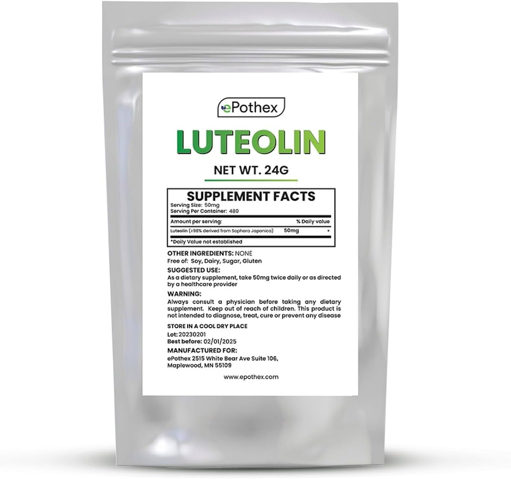 ePothex Pure Luteolin Powder 24 Grams, soutien du cerveau et du système nerveux, favorise la fonctionnalité immunitaire, absorption maximale