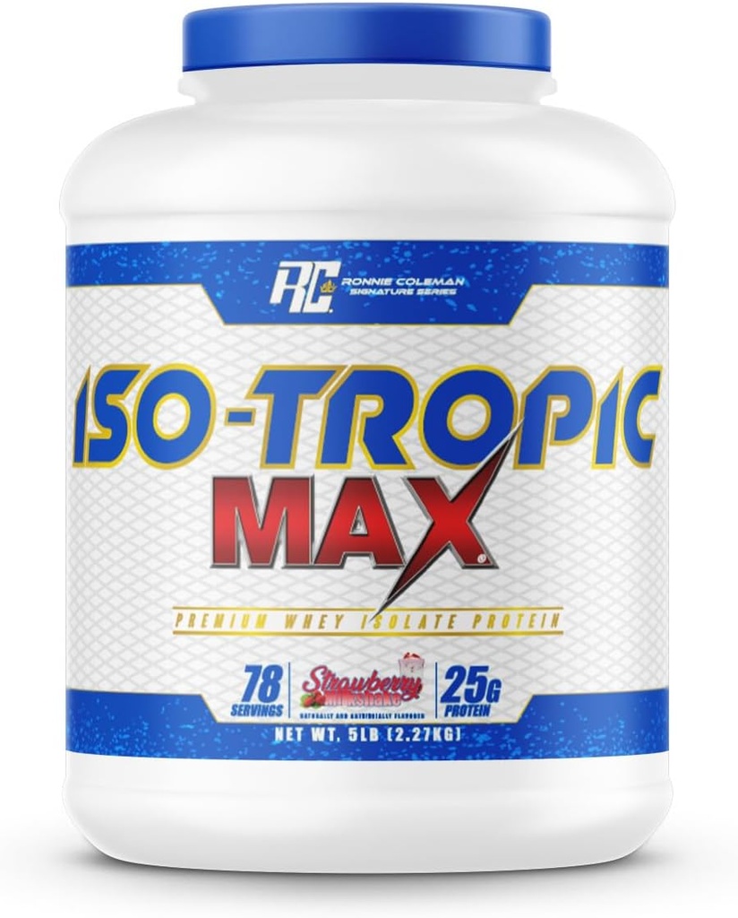 Série de signatures Ronnie Coleman Poudre de protéines Isolée Whey, mélange pré-entraînement Shakeout pour la récupération de masse musculaire maigre et post-entraînement, Iso-Tropic Max, fraise Millkshake Saveur, 5 lbs, 75 portions