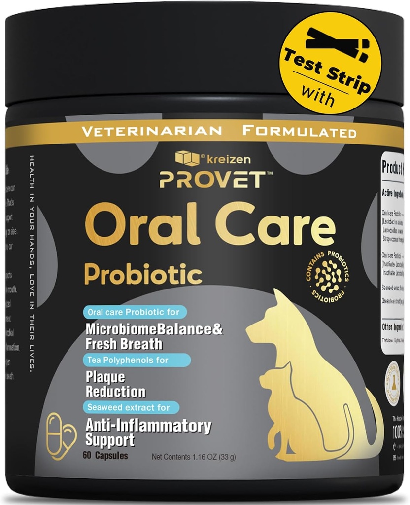 Probiotique oral pour chiens – Supplément de santé dentaire avancé avec probiotiques, extrait de thé vert d'algues – soutient la santé des gums, réduit la plaque et la mauvaise respiration – 60 capsules et 2 bandes de test parodontale