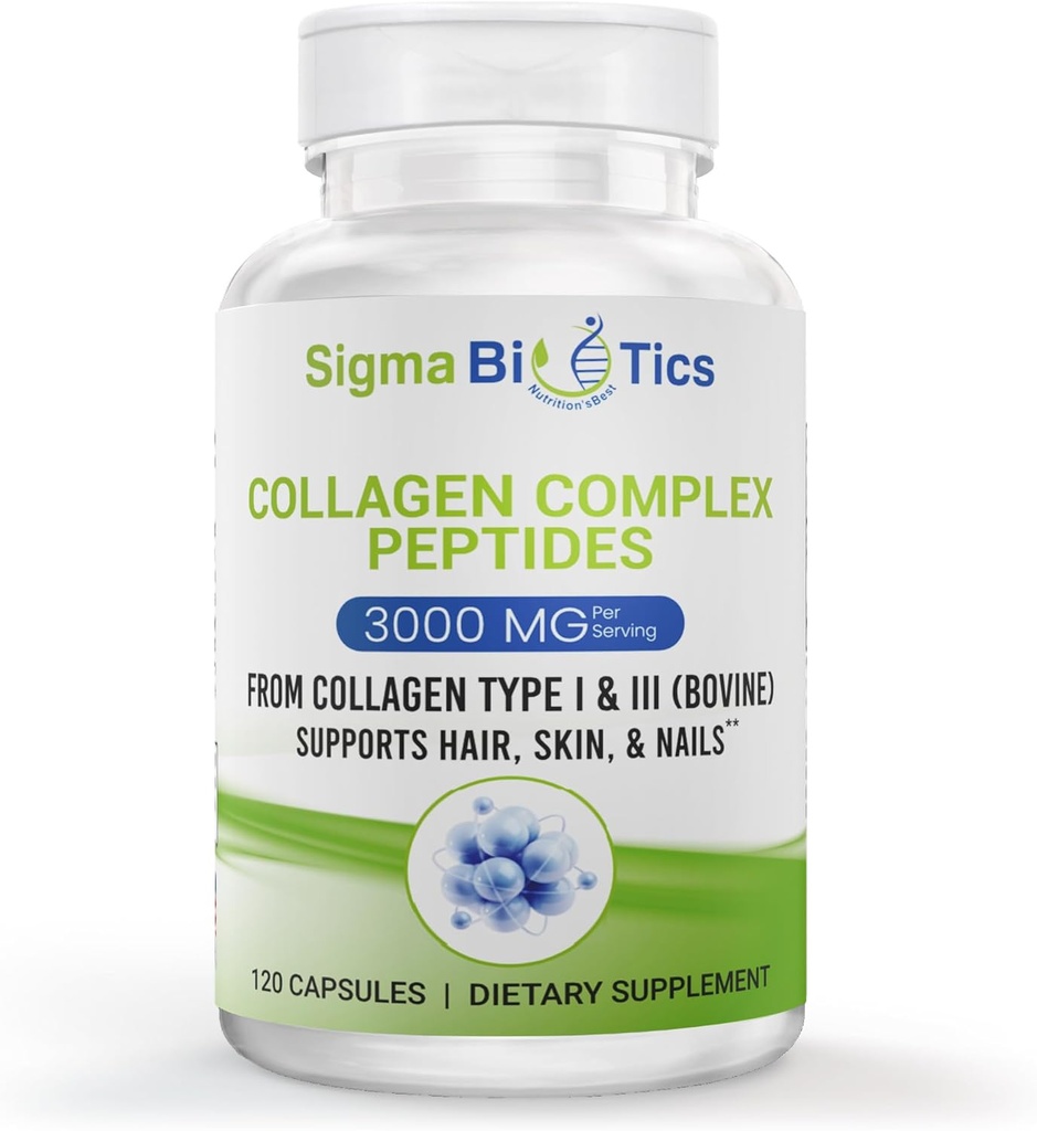 Sigma Biotics Collagen Peptides - Capsules de collagène hydrolysées pour les cheveux, la peau, les ongles et le soutien articulaire - Suppléments de collagène à haute résistance avec type I et III - 3000 mg par portion - 120 pilules