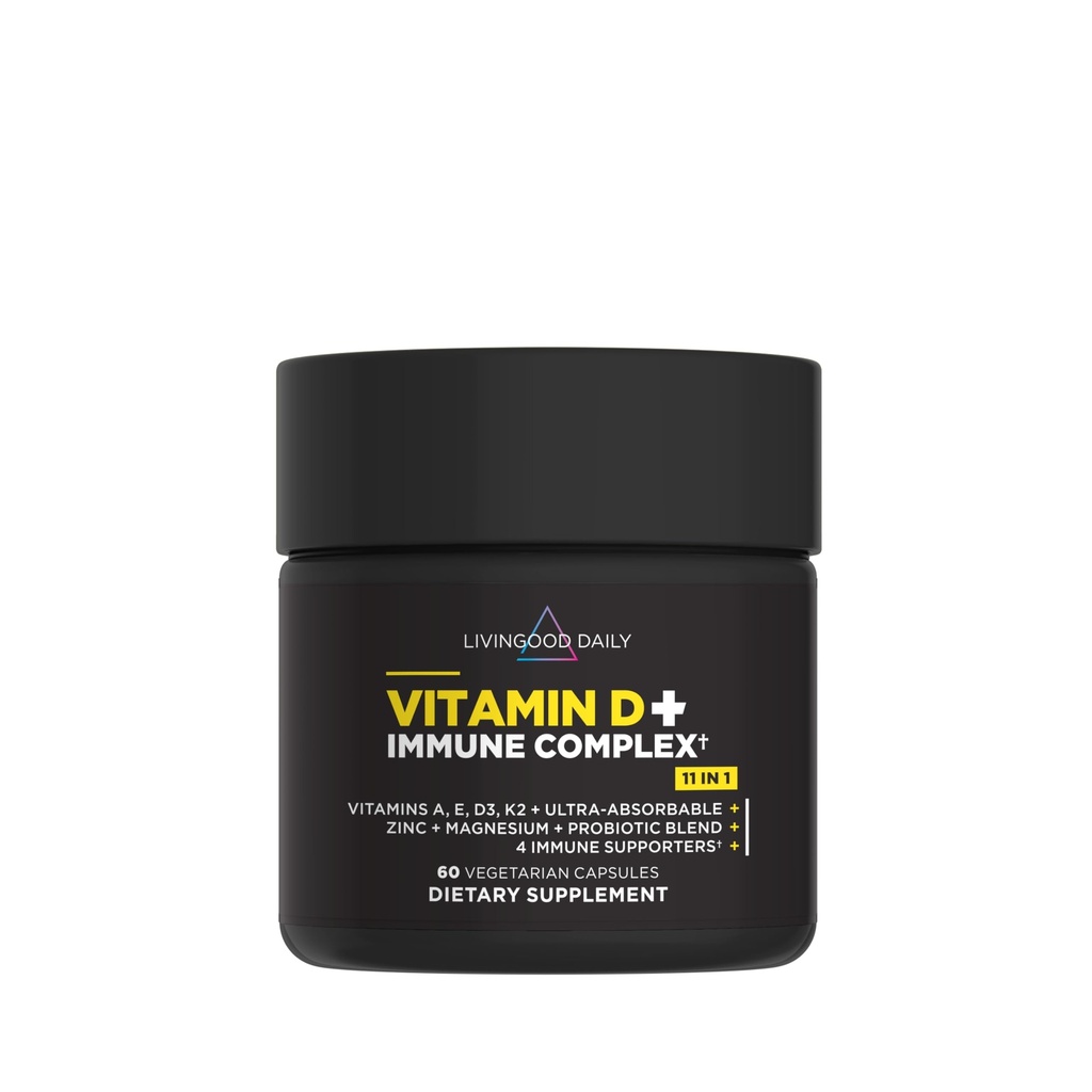 Vitamine D quotidienne vivante + complexe immunitaire, avec vitamine D3 K2, zinc, magnésium, vitamines E & A et probiotiques, supplément de soutien immunitaire, absorption avancée, sans gluten, non OGM, 60 capsules