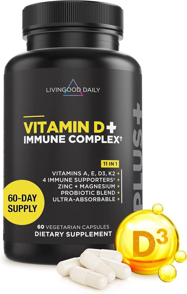 Vitamine D quotidienne vivante + complexe immunitaire, avec vitamine D3 K2, zinc, magnésium, vitamines E & A et probiotiques, supplément de soutien immunitaire, absorption avancée, sans gluten, non OGM, 60 capsules