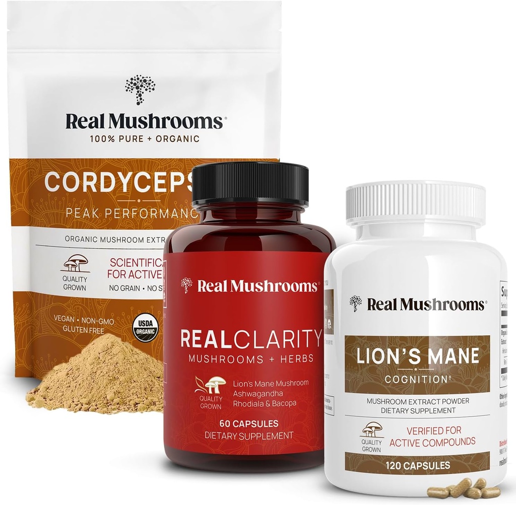 Véritables champignons RealClarity (60ct) & Lions Mane (120ct) Capsules w/Cordyceps Powder Bundle - Supplément de champignons pour la clarté mentale, focus, cognition, énergie et vitalité - végétalien, non-OGM