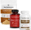 Véritables champignons RealClarity (60ct) & Lions Mane (120ct) Capsules w/Cordyceps Powder Bundle - Supplément de champignons pour la clarté mentale, focus, cognition, énergie et vitalité - végétalien, non-OGM