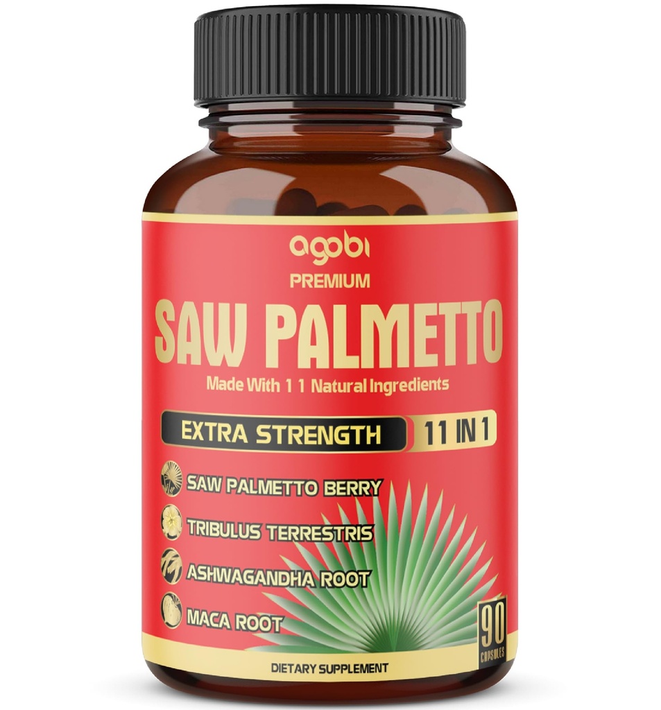 Capsules de Palmetto de Saw Premium - Combinées avec Ashwagandha, Turmeric, Tribulus, Maca, Thé Vert, Ginger, Basilic Saint & Plus - 90 Capsules 3-Mois