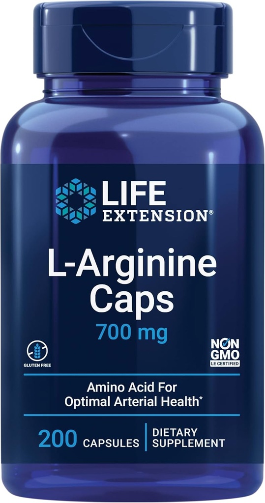 Extension de vie Caps L-Arginine, 700 mg, vitamine C et acide amino pour la santé artérielle optimale, soutient la santé cardiaque et immunitaire, tissu et os sains, sans gluten, sans OGM, 200 capsules