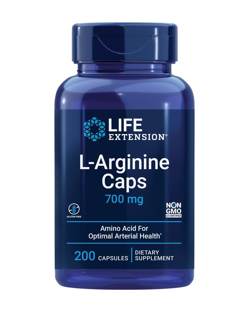 Life Extension L-Arginine Caps, 700 mg, Vitamin C & Amino Acid for Optimal arterial Health, Supports Heart & Immune Health, Healthy Tissue & Bones, Gluten Free, Non-GMO, 200 Capsules