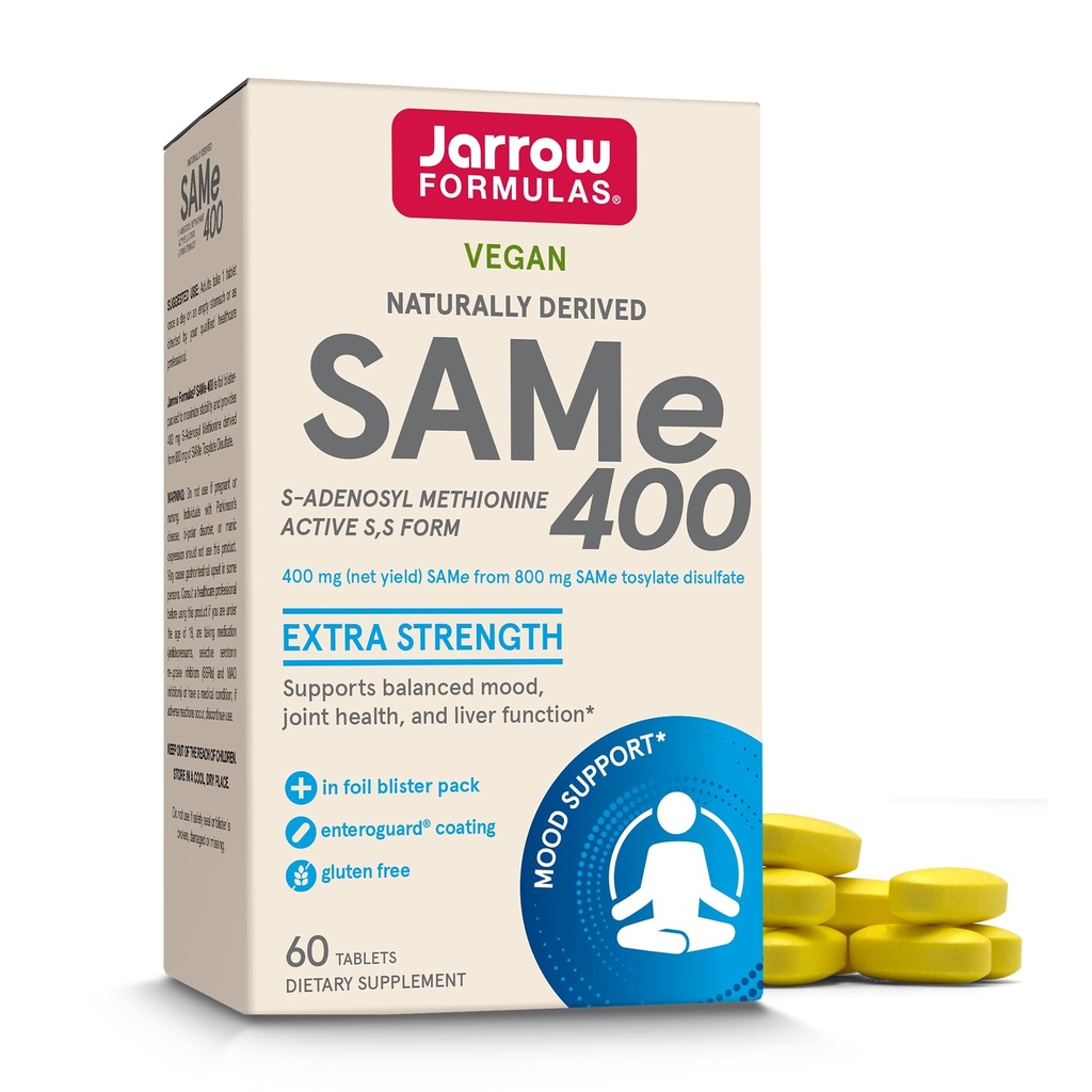 Jarrow Formulas SAMe Supplement 400 mg - 60 Tablets - High Concentration of Active S,S Form - Supports Joint Health, Liver Function, Brain Metabolism, Balanced Mood & Antioxidant Defense - 60 Servings