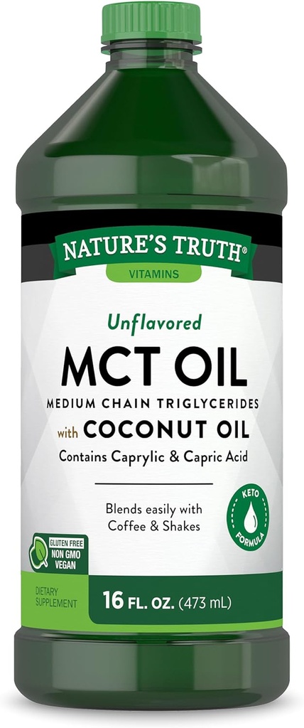 Nature's Truth MCT Oil, 16 fl. oz, Keto, formule non aromatisée avec huile de coco, végétalien, sans OGM et supplément sans gluten